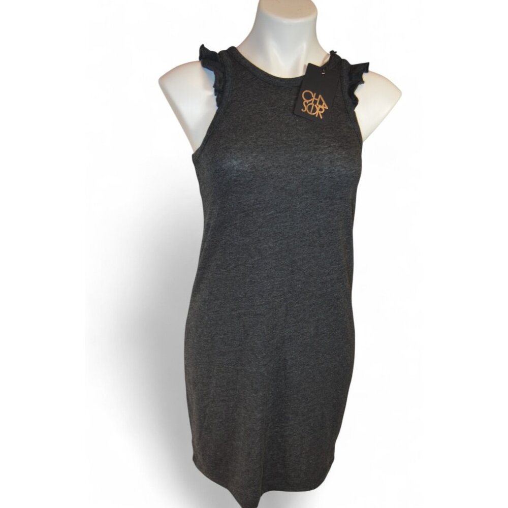 Chaser Mini Dress Sleeveless Racerback Gray Ruffle Shoulders S NWT